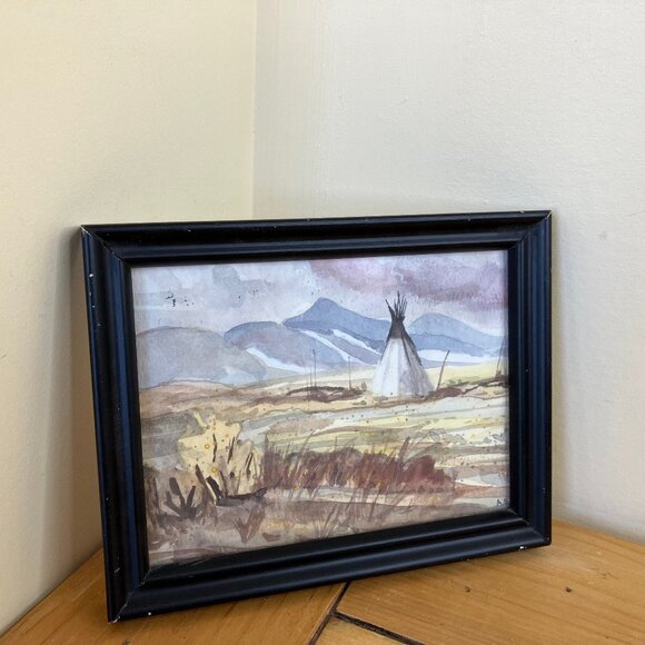 Teepee Plains Original Watercolor Art Hand Painted Framed Postcard 5.5x7" A.S.F. - Picture 1 of 6